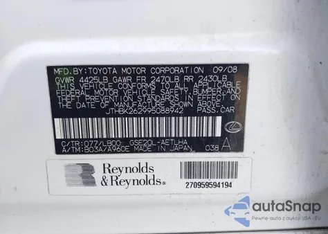 2009 Lexus Is 250 from USA, damaged, VIN JTHBK262995088942